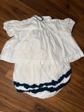 White Baby Dress with Navy Green Plaid Trim